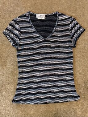 Vintage A. Byer Stretch Silver & Blue Striped V-Neck Short Sleeve Fitted Top